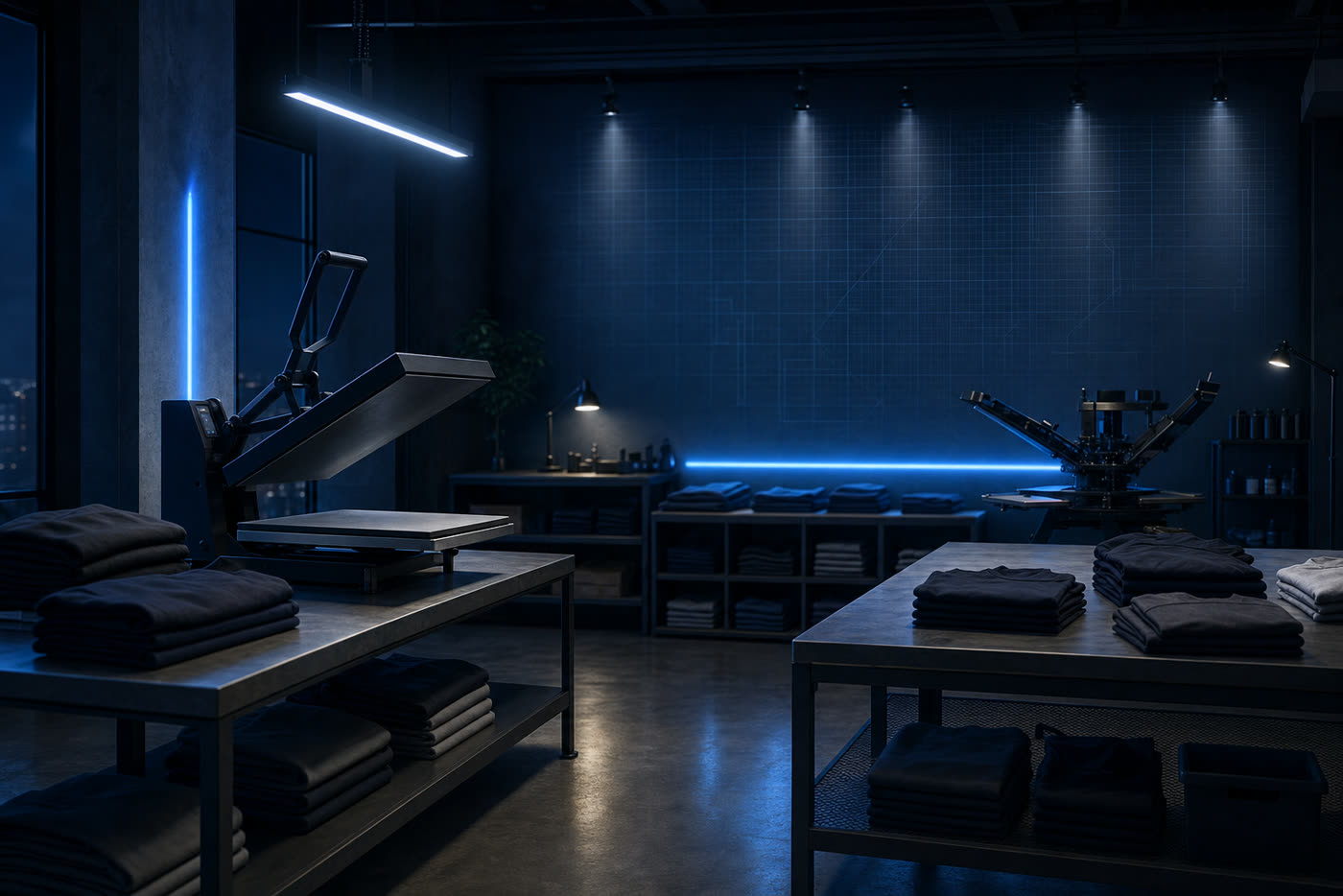 Interior of a custom apparel shop at night with a heat press and folded garment stacks