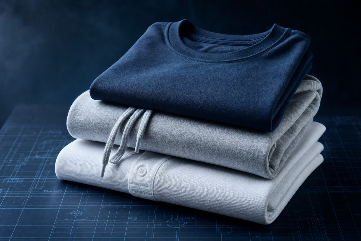 Folded navy t-shirt, grey hoodie, and white polo stacked on a dark technical surface